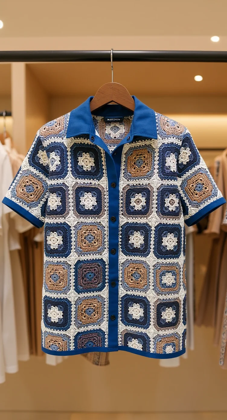 A vintage-style short-sleeved button-up shirt hanging on a wooden hanger against a beige retail store background with recessed lighting. The shirt features a distinctive granny square crochet pattern in navy blue, white, and tan colors arranged in a grid pattern across the front. The collar and cuffs are made of solid royal blue fabric. The shirt has black buttons down the front and is made of a lightweight cotton material. The crochet pattern consists of square motifs with white daisy-like flowers in the center of each square, surrounded by tan and navy blue borders. The shirt is photographed from a straight-on angle, showing the complete front view. The background shows other clothing items hanging on racks, slightly out of focus. The lighting is warm and even, creating subtle shadows beneath the hanger.