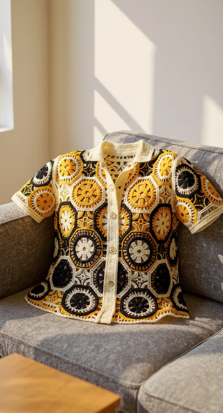 A vintage-style crochet cardigan displayed on a gray fabric couch. The cardigan features an intricate circular pattern with hexagonal motifs in yellow, black, and white colors. The pattern consists of detailed clock-like faces with gears and ornamental details within each hexagon. The cardigan has a cream-colored button placket down the front and short sleeves. The garment is photographed in natural lighting that casts diagonal shadows across a beige wall in the background. A wooden table is partially visible in the bottom right corner of the frame. The cardigan is laid flat across the couch cushions, showing the full pattern design. The fabric is a thick, textured yarn with a raised, decorative pattern throughout each hexagonal unit.