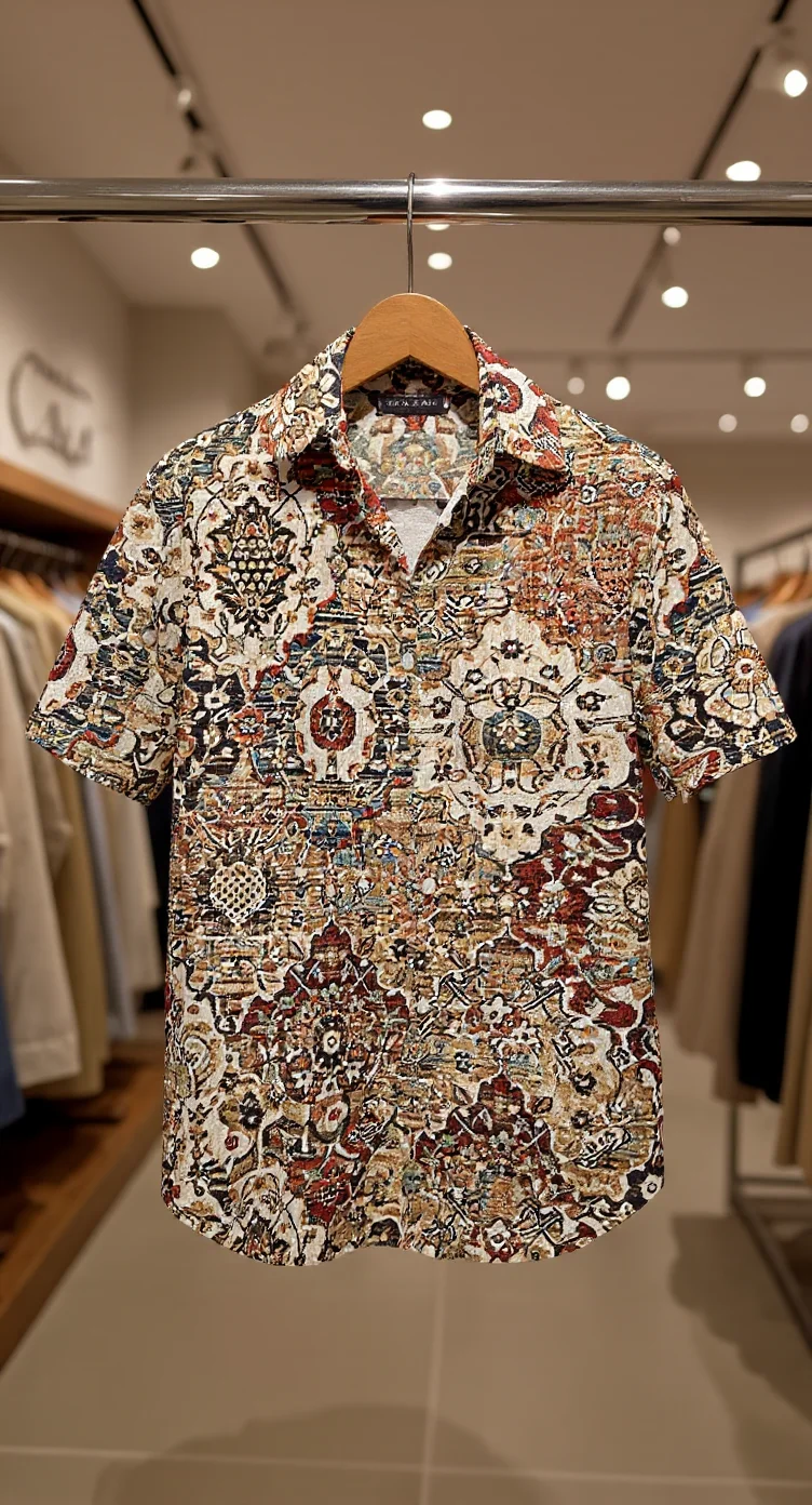 A detailed photograph of a short-sleeved button-up shirt hanging on a wooden hanger in a retail clothing store. The shirt features an intricate paisley and floral pattern in multiple colors including navy blue, rust red, cream white, and various earth tones. The pattern is dense and all-over, covering the entire garment with traditional Indian or Middle Eastern-inspired motifs. The shirt has a pointed collar and is made of a lightweight fabric. The background shows a retail store setting with track lighting on the ceiling creating even illumination. The floor is light-colored tile. Other garments are partially visible on clothing racks in the background, creating depth to the scene. The shirt is photographed from a straight-on angle, centered in the frame, with the pattern clearly visible against the neutral retail environment.