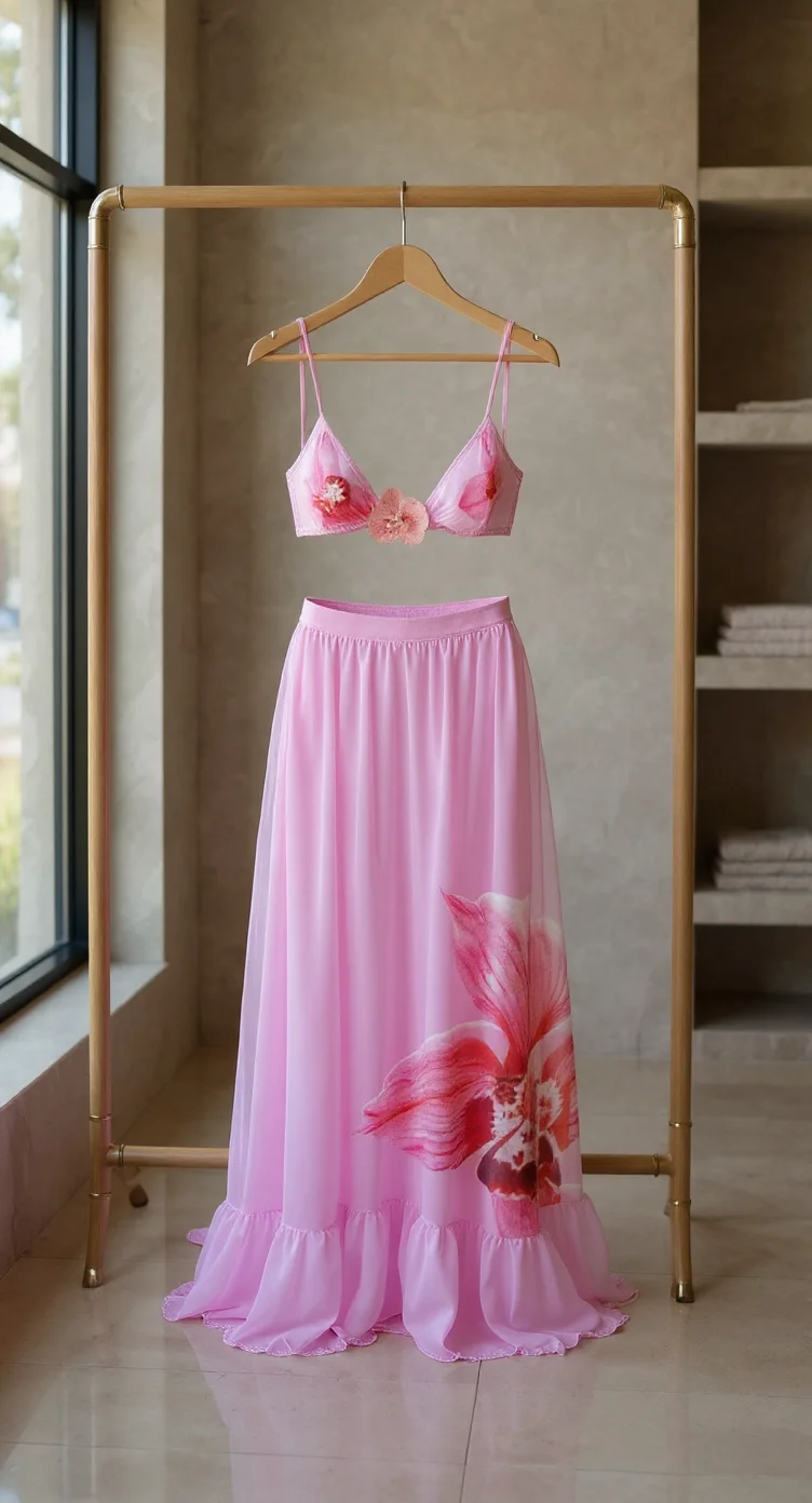 A pink two-piece formal dress displayed on a gold metal clothing rack against a light gray wall. The top piece is a delicate pink bralette with thin straps and a small floral embellishment at the center. The bottom piece is a flowing maxi skirt in the same pink shade, featuring a large red and pink orchid flower print on the right side. The skirt has a gathered waistband, a flowing chiffon fabric, and a ruffled hem that extends to floor length. The dress is photographed in a minimalist interior setting with a window visible on the left side. The floor is light-colored tile. The lighting is soft and natural, creating subtle shadows beneath the clothing rack. The overall composition has a romantic, feminine aesthetic with the soft pink tones dominating the color palette.
