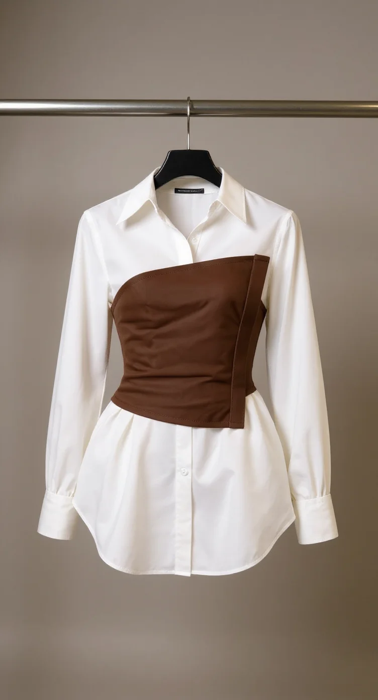 A product photography shot of a white button-up blouse with a distinctive brown corset-style panel across the chest, hanging on a black plastic hanger against a plain gray background. The blouse has long sleeves, a pointed collar, and a structured bodice. The brown panel is gathered and draped, creating a dramatic contrast against the crisp white fabric. The sleeves are rolled up to mid-forearm, and the shirt has a traditional button-down front closure. The fabric is a smooth, cotton material with a slight sheen. The lighting is soft and even, creating subtle shadows that highlight the garment's structured silhouette. The image is shot in a minimalist studio setting with a clean, professional composition.