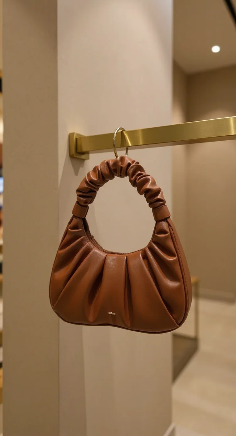 A close-up photograph of a brown leather handbag hanging from a gold metal display rod mounted on a white wall. The bag features a distinctive ruched design with gathered leather pleats creating a puffy, cloud-like shape. The handle is made of the same brown leather material with a scrunchy, elastic appearance. The bag has a semi-circular shape and is photographed in a retail setting with warm lighting. The background is softly blurred, showing a beige wall and a partial view of a retail display. The lighting creates subtle shadows and highlights on the leather's surface, emphasizing its texture and dimensional quality. The image is shot from a slight angle, capturing the bag's three-dimensional form and the way it drapes over the gold rod.