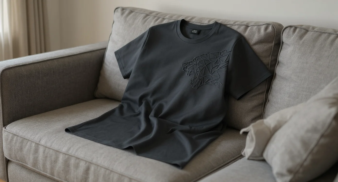 A black t-shirt with a geometric tiger design laid flat on a light gray modern sofa. The t-shirt has a crew neckline and short sleeves, made of a soft cotton material. The tiger design is created with angular, polygonal shapes forming a stylized animal silhouette on the upper left chest area. The sofa is upholstered in a linen-textured fabric with clean lines and visible seams. A matching light gray throw pillow is partially visible on the right side of the frame. The image is shot in a bright, minimalist interior setting with natural lighting coming from a window on the left side, creating soft shadows. The composition is photographed from a slightly elevated angle, showing the full length of the t-shirt on the sofa cushion.