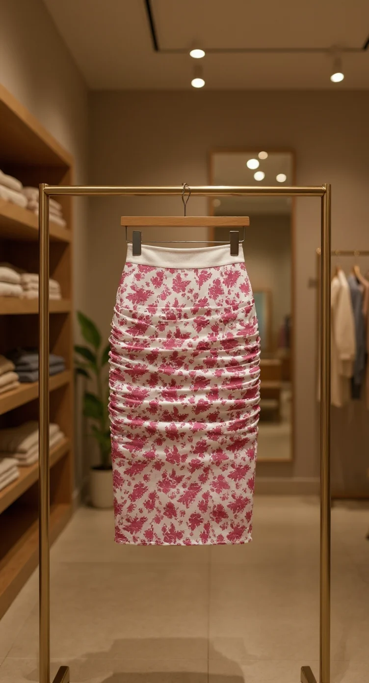 A retail clothing display featuring a ruched pencil skirt hanging on a gold metal clothing rack. The skirt has a white base with a pink floral pattern and vertical gathers creating a ribbed effect. The skirt is photographed in a retail store setting with warm lighting from recessed ceiling lights. In the background, there are wooden shelving units containing folded garments, and a green potted plant is visible. The store has beige walls and a minimalist interior design. The clothing rack is positioned in the center of the frame, with the skirt displayed at eye level. The image has a warm, professional retail lighting quality with soft shadows.