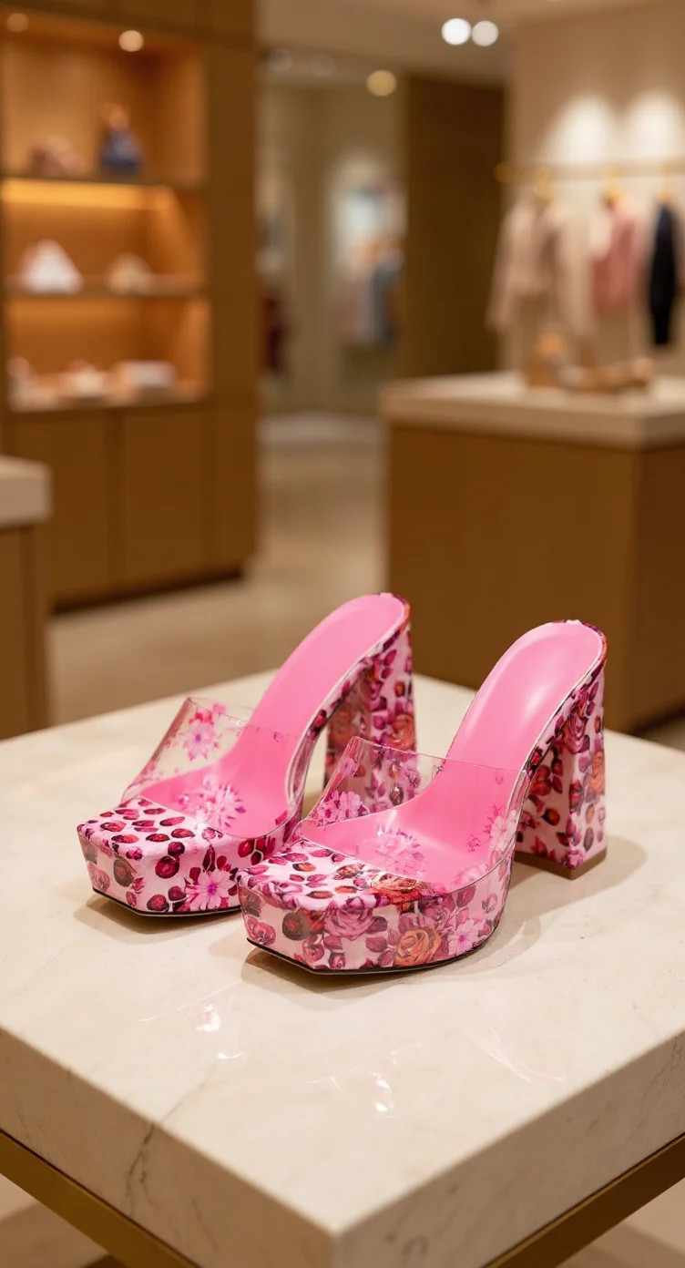 A pair of pink floral platform high heel shoes displayed on a white marble surface in a retail store. The shoes feature a transparent plastic upper with a pink and red floral print pattern. The heels are chunky and 4 inches tall, with a square toe design. The shoes have a slip-on mule style with a platform sole. In the background, there are wooden display cabinets with warm lighting and clothing racks partially visible. The store's lighting creates a warm, golden ambiance that highlights the shoes' pink tones. The image is shot from a slightly elevated angle, capturing the entire pair of shoes in sharp focus while the background remains softly blurred.