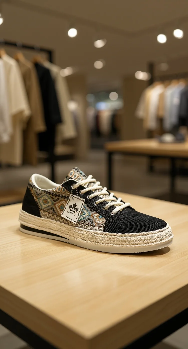 A product photography shot of a casual sneaker displayed on a light wooden retail display table. The sneaker has a black canvas upper with a decorative patchwork pattern featuring geometric shapes in beige, brown, and blue tones. The shoe has white laces threaded through black eyelets, and a white rubber sole with a textured, rope-like pattern on the bottom. A small white tag with a logo is attached to the side of the shoe. The background is a retail store interior with warm lighting from recessed ceiling lights creating a soft, focused atmosphere. Clothing racks with beige and dark colored garments are visible but out of focus in the background. The image has a shallow depth of field, with the sneaker in sharp focus while the background elements are blurred.