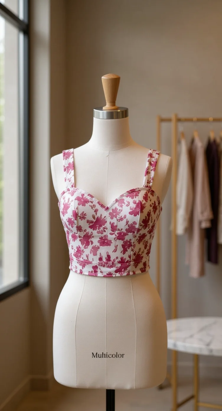 A product photography shot of a white mannequin dress form displaying a floral bustier-style bra top. The garment features a white base with pink floral print pattern. The bra top has a sweetheart neckline, thin shoulder straps, and a fitted silhouette. The mannequin is positioned in front of a window with natural lighting coming from the left side. In the background, there is a gold clothing rack partially visible, with some light-colored garments hanging on it. The text "Muhicolor" is in black letters at the bottom of the image. The overall image has a soft, warm tone with a shallow depth of field, creating a professional retail or fashion boutique atmosphere.