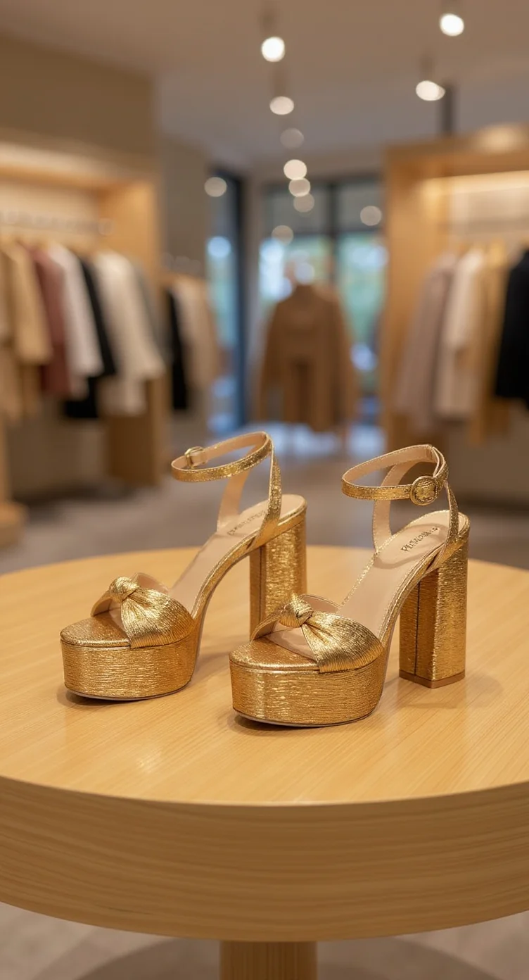 A pair of metallic gold platform sandals displayed on a light wooden circular table in a retail boutique setting. The shoes feature a thick, chunky platform sole with a textured, shimmering finish, and a matching gold ankle strap with a small buckle closure. The heels are 4 inches tall and block-style. The sandals have a bow detail on the front of each shoe. In the background, there are blurred clothing racks with various garments hanging, predominantly in neutral tones of beige and brown. The boutique has recessed lighting in the ceiling creating a warm, ambient glow throughout the space. The floor is light-colored tile, and the overall image has a warm, golden color palette that complements the shoes' metallic finish.
