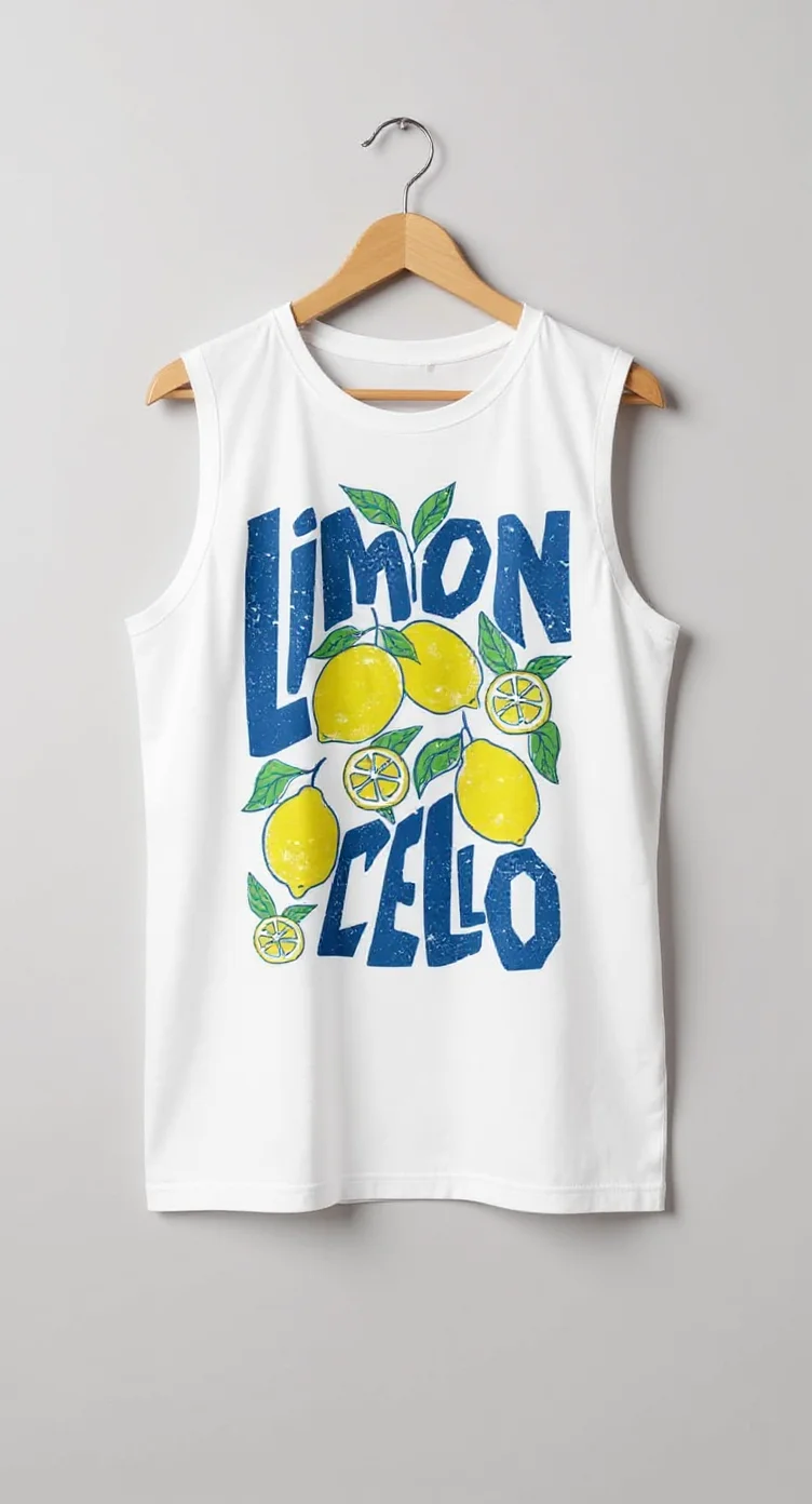 A white sleeveless tank top hanging on a wooden hanger against a light gray background. The shirt features a playful design with blue text "LIMON CELLO" in a distressed, vintage-style font. The text is surrounded by illustrations of yellow lemons and lemon slices, with green leaves and stems. The lemons are depicted in a casual, hand-drawn style with varying sizes and some showing cross-sections to show the interior pulp. The design is centered on the front of the shirt and takes up approximately one-third of the visible area. The shirt is made of a standard cotton material with a classic crew neck collar. The wooden hanger has a natural finish and silver metal hook at the top.