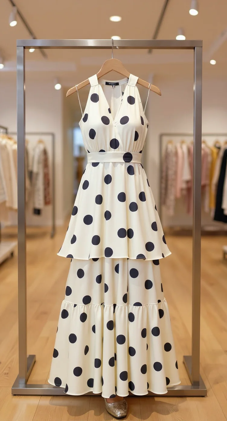 A full-length polka dot dress displayed on a modern silver metal clothing rack in a retail store. The dress features a white base fabric with large black circular dots scattered across the entire surface. The dress has a V-neckline, thin shoulder straps, and a fitted waist with a white belt. The skirt portion has three tiers - a gathered waistband, a knee-length ruffle layer, and a floor-length ruffle hem with dramatic volume. The dress is photographed against a light wooden floor and white wall background. In the blurred background, there are clothing racks with other garments visible but out of focus. The lighting is bright and even, creating a clean, professional retail atmosphere. The dress is suspended from a wooden hanger on a black metal clothing rod mounted in a silver metal frame.