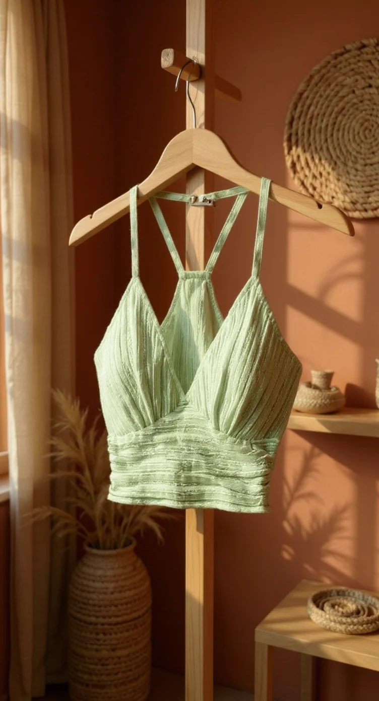 A soft, mint green ruched crop top hanging on a wooden hanger against a terracotta-colored wall. The top features thin straps and a cross-back design. The fabric has a textured, gathered pattern with horizontal ruching throughout. In the background, there is a woven circular wall decoration and a wooden shelf with small decorative items. A potted plant with dried stems sits in a woven basket on the left side. Natural sunlight streams in from the left side, creating soft shadows and a warm, bohemian atmosphere. The overall image has a muted, earthy color palette with beige curtains visible in the background.