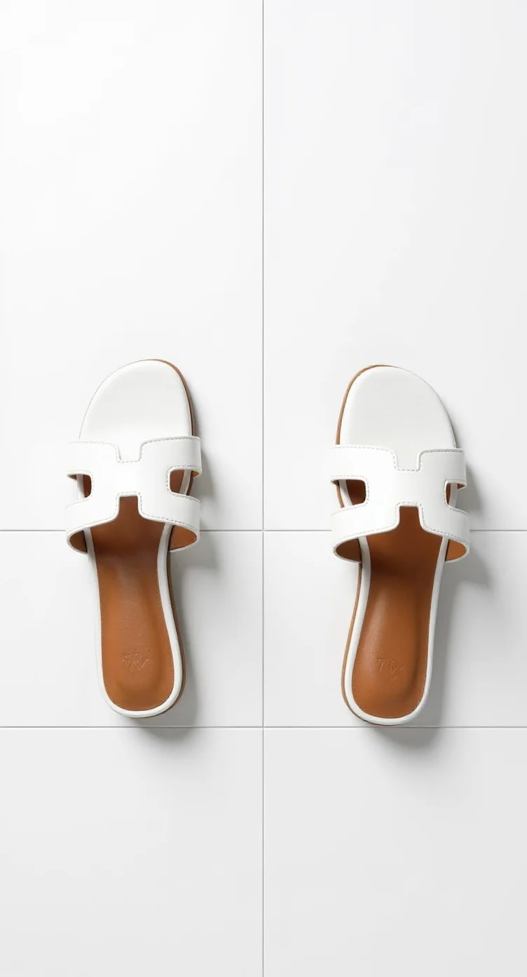 A product photo of a pair of white leather sandals on a white tiled background. The sandals have a minimalist design with a single wide strap across the top and a cutout detail in the center. The sole is made of brown leather with a flat, slipper-style design. The sandals are photographed from directly above, creating a perfect symmetrical composition. The left sandal is positioned slightly higher than the right one. The shoes cast subtle shadows on the white tiles beneath them. The image has a clean, minimalist aesthetic with high contrast between the pure white upper and the warm brown sole. The photo is taken in a professional studio setting with even, bright lighting that highlights the smooth texture of the leather.