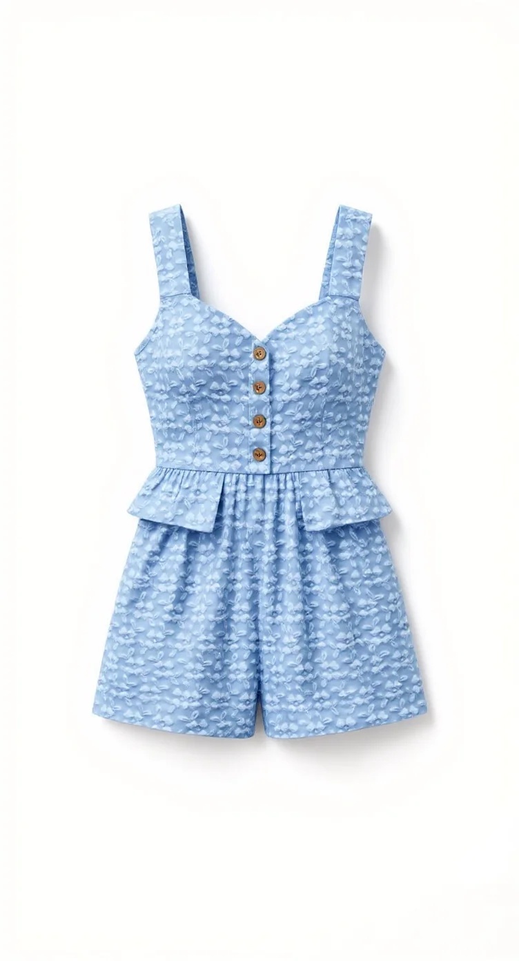A light powder blue romper photographed against a pure white background. The romper features a textured broderie anglaise fabric pattern throughout. It has a sweetheart neckline with four brown wooden buttons down the center front. The bodice has thin shoulder straps and a fitted waist with a peplum detail. The skirt portion is short and flows from the waist, maintaining the same textured pattern as the bodice. The romper is displayed flat and centered in the frame, with clean studio lighting that eliminates harsh shadows. The image has a commercial product photography style with sharp focus and high detail resolution.