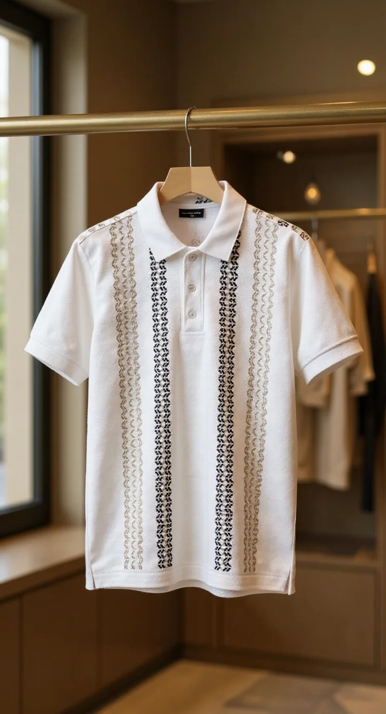 A white polo shirt hanging on a wooden hanger in a retail clothing store setting. The shirt features three vertical black zigzag pattern stripes running down the front, with decorative stitching along the edges. The collar is classic pointed style, and the shirt has short sleeves. The fabric is a crisp white cotton material. The background shows a blurred retail environment with recessed lighting in the ceiling and a window on the left side. The shirt is displayed in a clothing rack with other garments visible but out of focus in the background. The lighting is warm and creates subtle shadows on the garment.