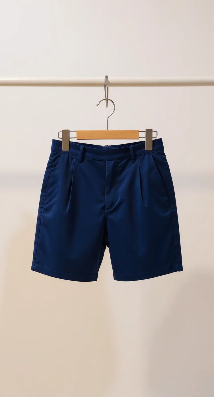 A product photography shot of navy blue dress shorts hanging on a wooden hanger against a plain off-white wall. The shorts are made of a smooth, cotton-like fabric with a slight sheen. They feature pleats at the front, a classic five-pocket design, and a mid-thigh length cut. The wooden hanger has a natural light brown finish and a metal hook at the top. The shorts are photographed straight-on with soft, even lighting that creates minimal shadows. The image has a clean, minimalist aesthetic with ample negative space above and below the garment.