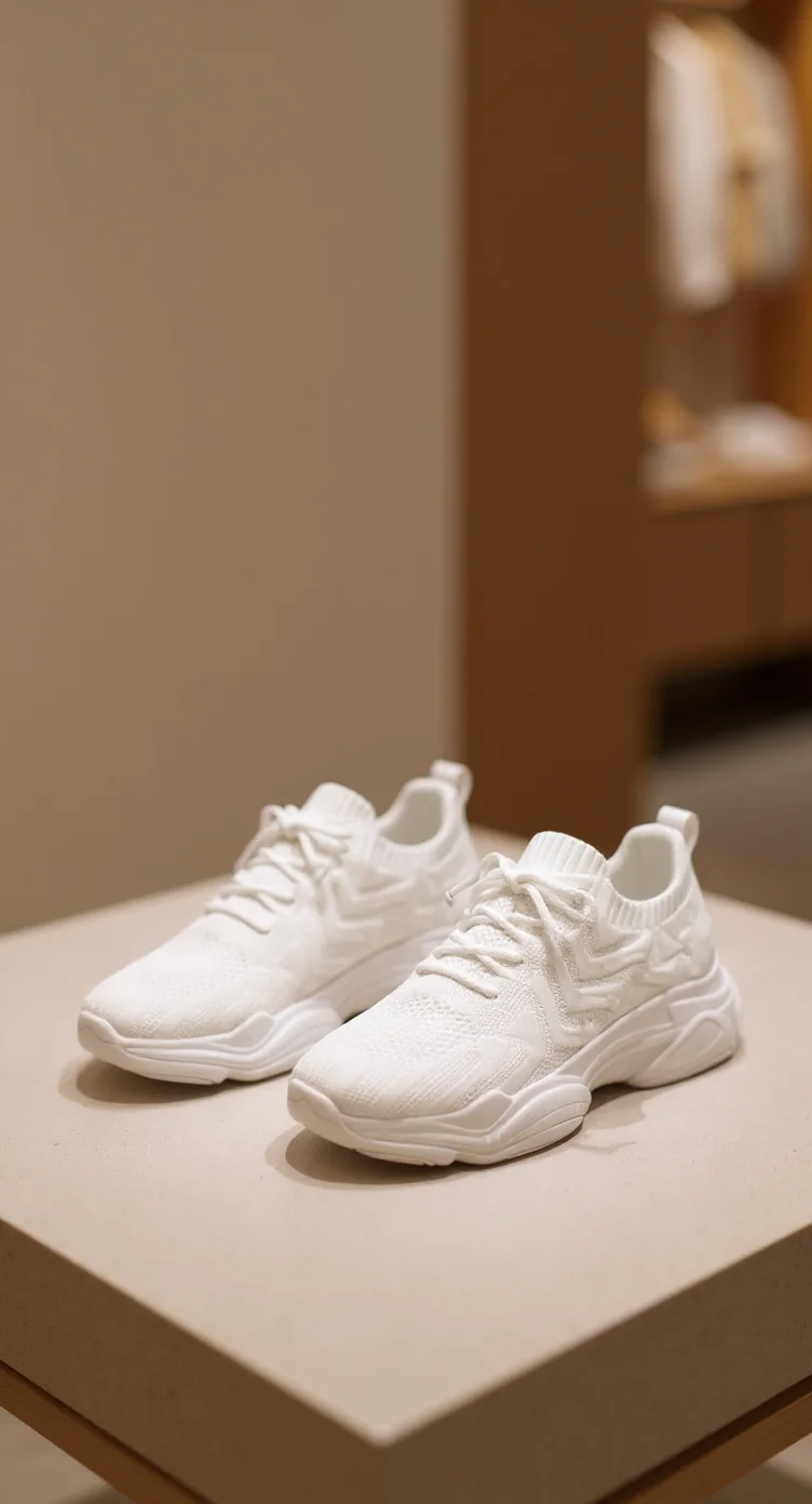 A product photography shot of a pair of white chunky sneakers placed on a light beige rectangular display platform. The sneakers are positioned at a slight angle, with the left shoe slightly behind the right. The shoes feature a knit mesh upper material with a textured pattern, white laces, and a chunky white sole with a distinctive layered design. The sole has multiple segments and a modern, athletic aesthetic. The background is a warm brown wall with a soft, blurred effect. The lighting is soft and even, creating subtle shadows beneath the shoes. The image has a clean, minimalist composition with the shoes being the central focus. The display platform has clean edges and is made of a solid material.