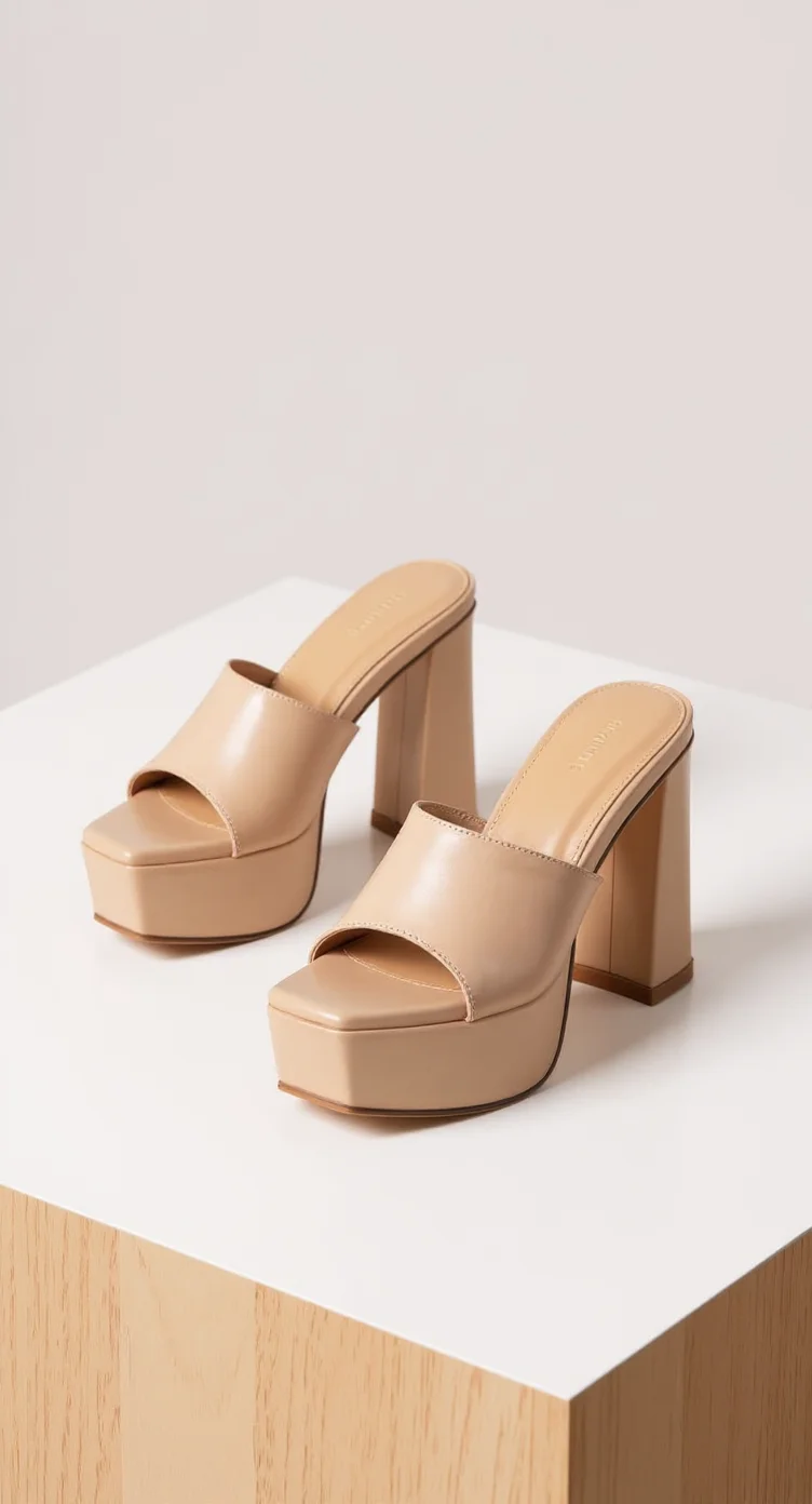 A product photography shot of a pair of nude-colored leather platform sandals on a white surface with a wooden edge. The sandals feature a thick platform sole 1.5 inches high, a chunky 3-inch heel, and a wide band across the top of the foot. The shoes have a minimalist design with smooth leather straps and a square toe. The sandals are positioned at a slight angle on the white surface, which is a table. The background is a plain light gray wall. The lighting is soft and even, creating subtle shadows beneath the shoes. The wooden edge of the table is visible in the bottom portion of the image, showing a light oak finish.