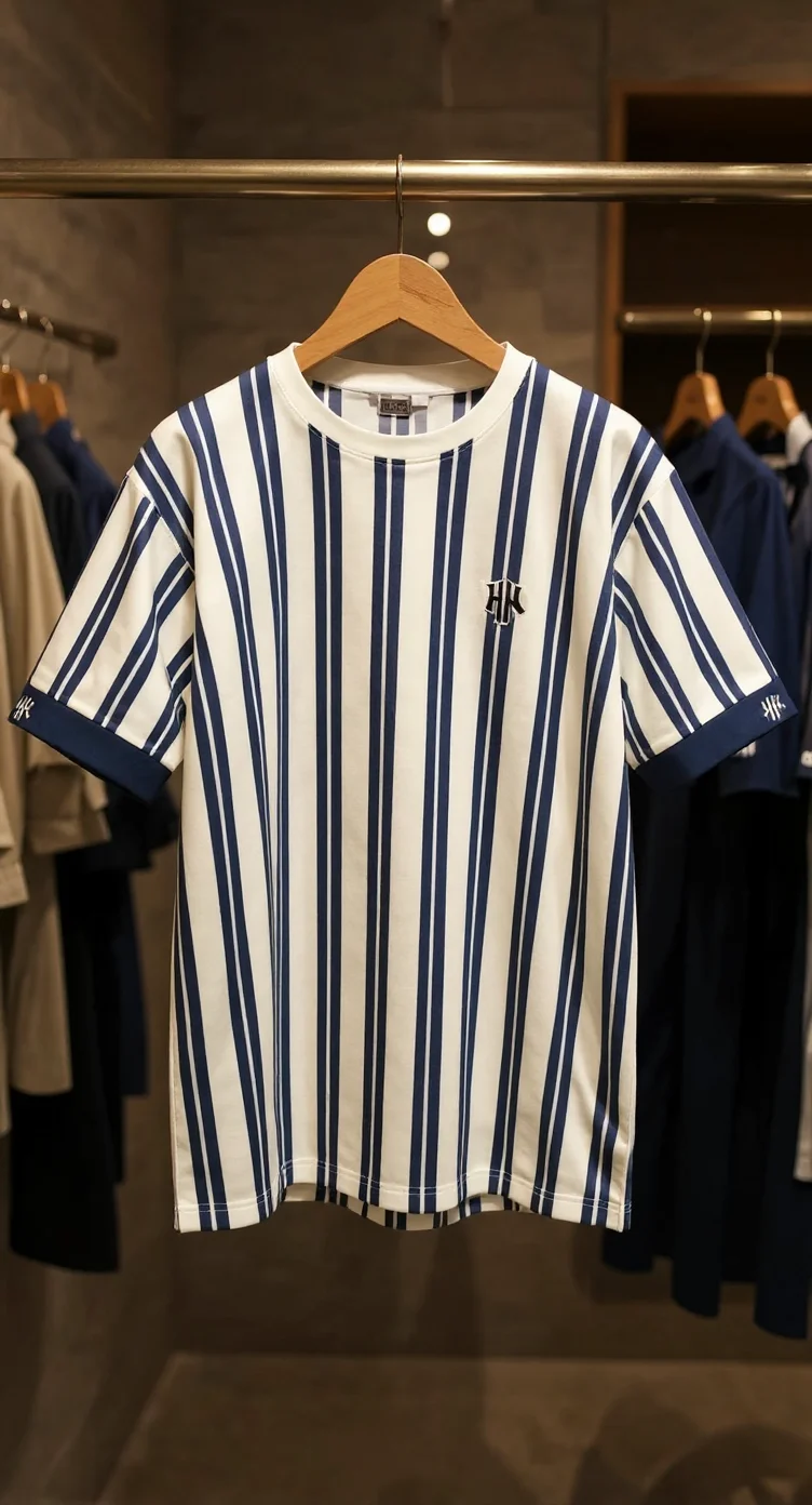 A product photo of a white and navy blue striped t-shirt hanging on a wooden hanger in a retail clothing store. The t-shirt features vertical stripes in alternating navy blue and white colors, with navy blue trim around the crew neckline and short sleeves. A small black embroidered logo reading "HK" is on the left chest area. The shirt is cropped and boxy in style. The background shows a clothing rack with other garments visible but out of focus. The lighting is warm and indoor retail store lighting, creating subtle shadows beneath the hanger. The image is shot from a straight-on angle with the shirt centered in the frame.