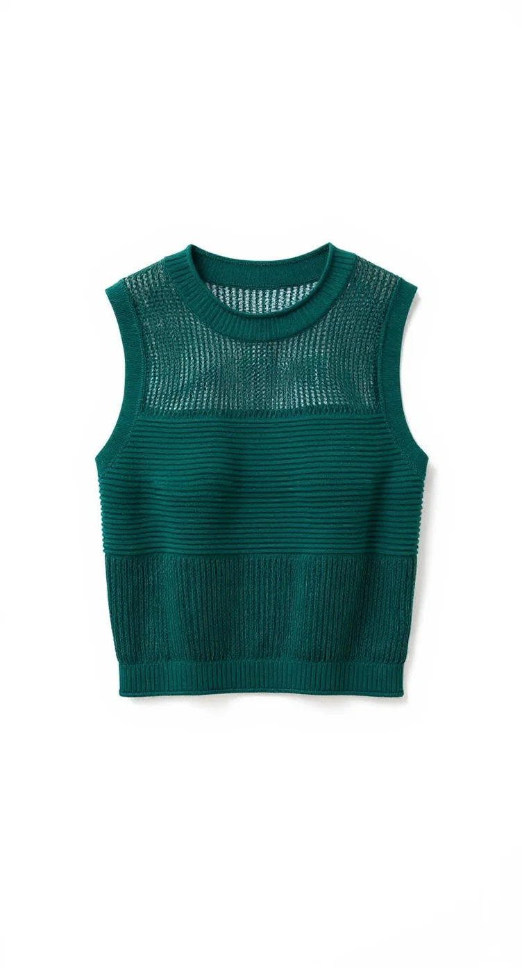 A product photo of a sleeveless cropped sweater in deep forest green against a plain white background. The sweater features a ribbed knit pattern in the lower portion and a see-through mesh knit pattern in the upper portion. The garment has a crew neckline and is cropped to hit at the waist. The knitting pattern creates a horizontal striped effect, with the ribbed texture on the bottom half contrasting with the open weave pattern on top. The sweater is photographed flat and centered in the frame, with clean studio lighting that shows the texture and details of the knit pattern clearly. The image has a minimalist, professional product photography style with no shadows or additional decorative elements.