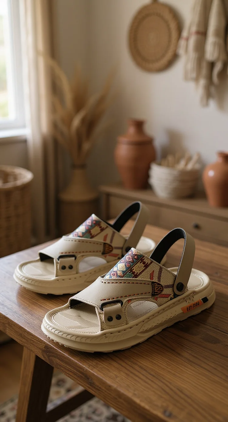 A product photography shot of a pair of beige-colored casual sandals placed on a wooden table. The sandals have a two-strap design with decorative floral patterns in red, blue, and green on the straps. The shoes have a chunky white rubber sole with visible treads and black snap buttons on the straps. In the background, there is a terracotta-colored ceramic vase on a wooden surface, and a woven circular wall decoration in natural brown tones. The scene is set in a bright, natural-lit room with beige curtains visible on the left side. The wooden table has a rich brown grain pattern and is part of a larger piece of furniture. The overall composition has a warm, earthy color palette with soft, natural lighting creating gentle shadows.