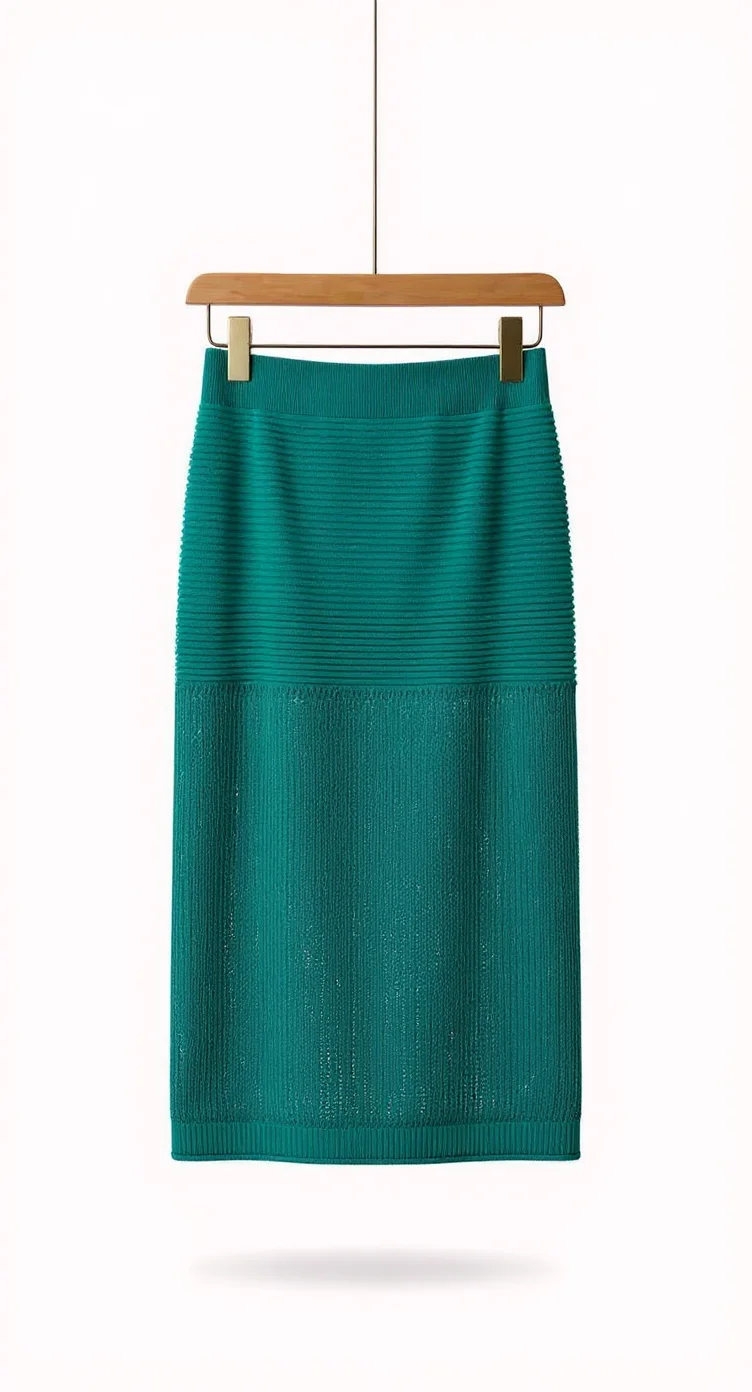 A product photo of a teal-colored knit pencil skirt hanging on a wooden hanger against a white background. The skirt features a ribbed texture pattern throughout and is knee-length in length. The top portion of the skirt is slightly lighter in shade compared to the bottom portion, creating a subtle two-tone effect in the ribbed pattern. The wooden hanger has a natural finish and metal clips. The skirt is photographed from a straight-on angle, showing its full length and fitted silhouette. The image has a clean, minimalist composition with soft, even lighting that highlights the texture of the knit material.