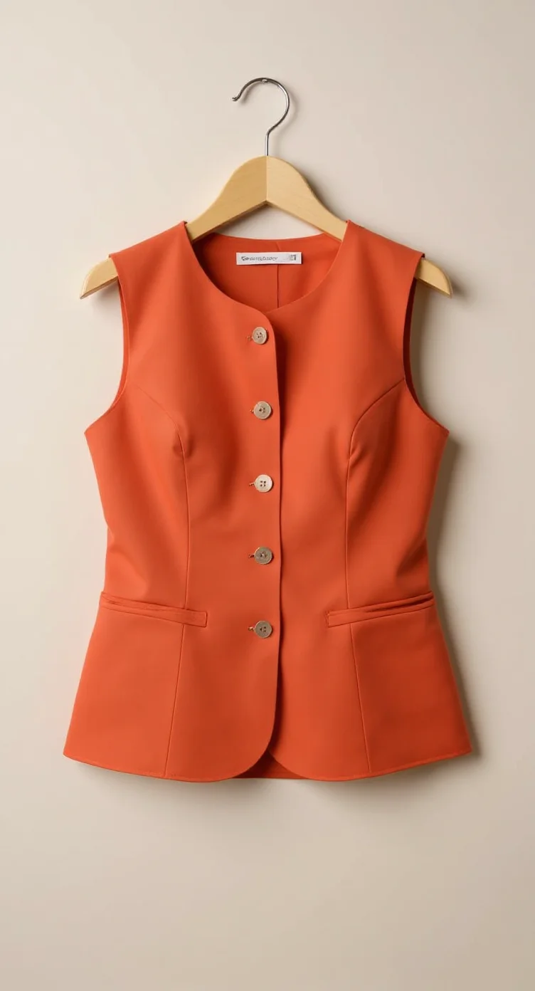 A professional photograph of a coral-orange sleeveless vest hanging on a wooden hanger against a plain off-white wall. The vest features a structured design with a rounded neckline, five light-colored buttons down the front, and two side pockets. The vest is made of a smooth, matte fabric with a tailored fit. The wooden hanger has a silver metal hook at the top and a natural light brown finish. The vest is photographed straight-on in a clean, minimalist setting with soft, even lighting that highlights the garment's color and construction details. The image is cropped to show the vest from just above the bottom hem to the top of the hanger.