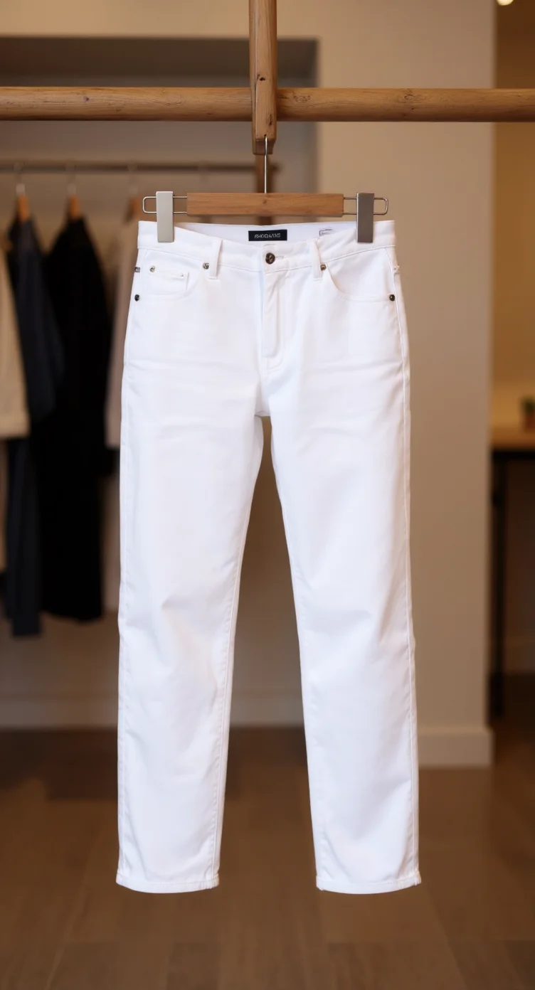 A product photography shot of white denim jeans hanging on a wooden hanger against a blurred interior background. The jeans are straight-leg cut, made of crisp white denim, and are cropped at ankle length. The jeans feature traditional five-pocket styling with visible copper-colored rivets at the pocket corners. The wooden hanger has a natural finish and is suspended from a wooden clothing rod. In the background, there are dark-colored clothing items hanging on a clothes rack, slightly out of focus. The setting has warm lighting and a neutral-toned floor. The image has a shallow depth of field, creating a professional retail photography aesthetic.