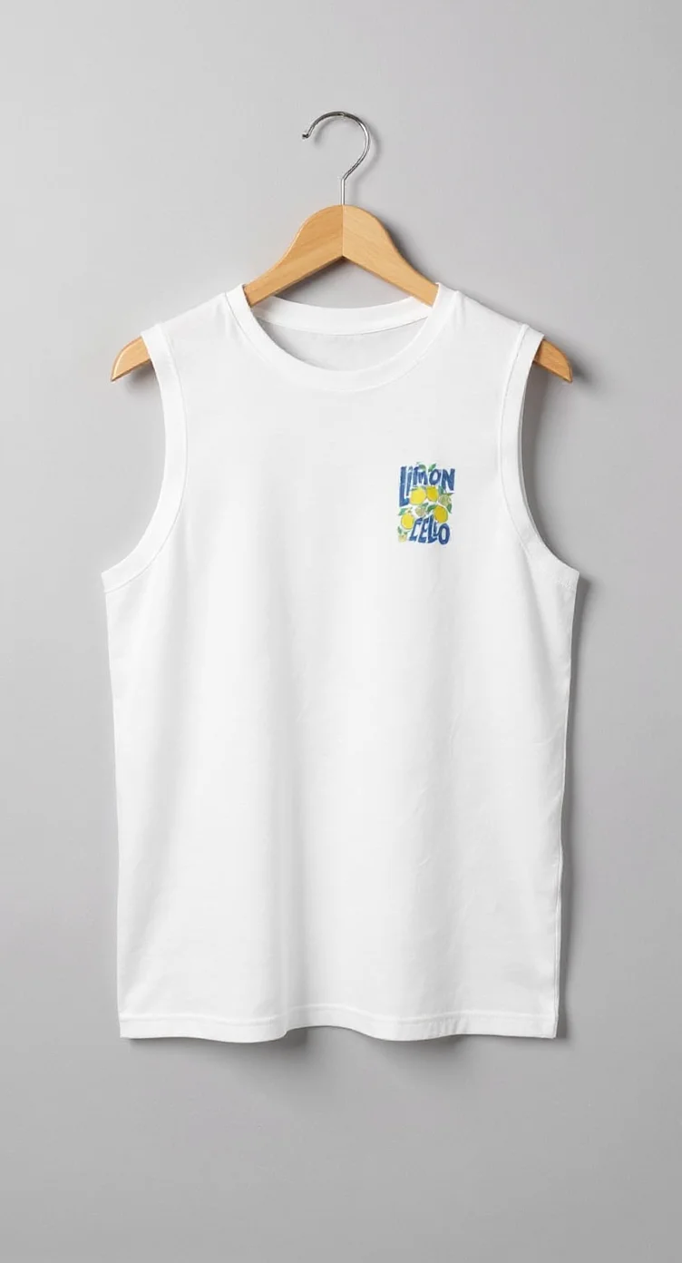 A product photo of a white sleeveless tank top hanging on a wooden hanger against a plain light gray background. The tank top has a small embroidered design on the left chest area featuring the text "LIMON" in blue and yellow colors, with a small citrus fruit design underneath. The tank top is made of cotton material with a classic crew neck design. The garment is displayed flat and centered on the wooden hanger, which has a natural light brown finish and a silver metal hook at the top. The image has clean, professional lighting with soft shadows, creating a minimalist product photography aesthetic.