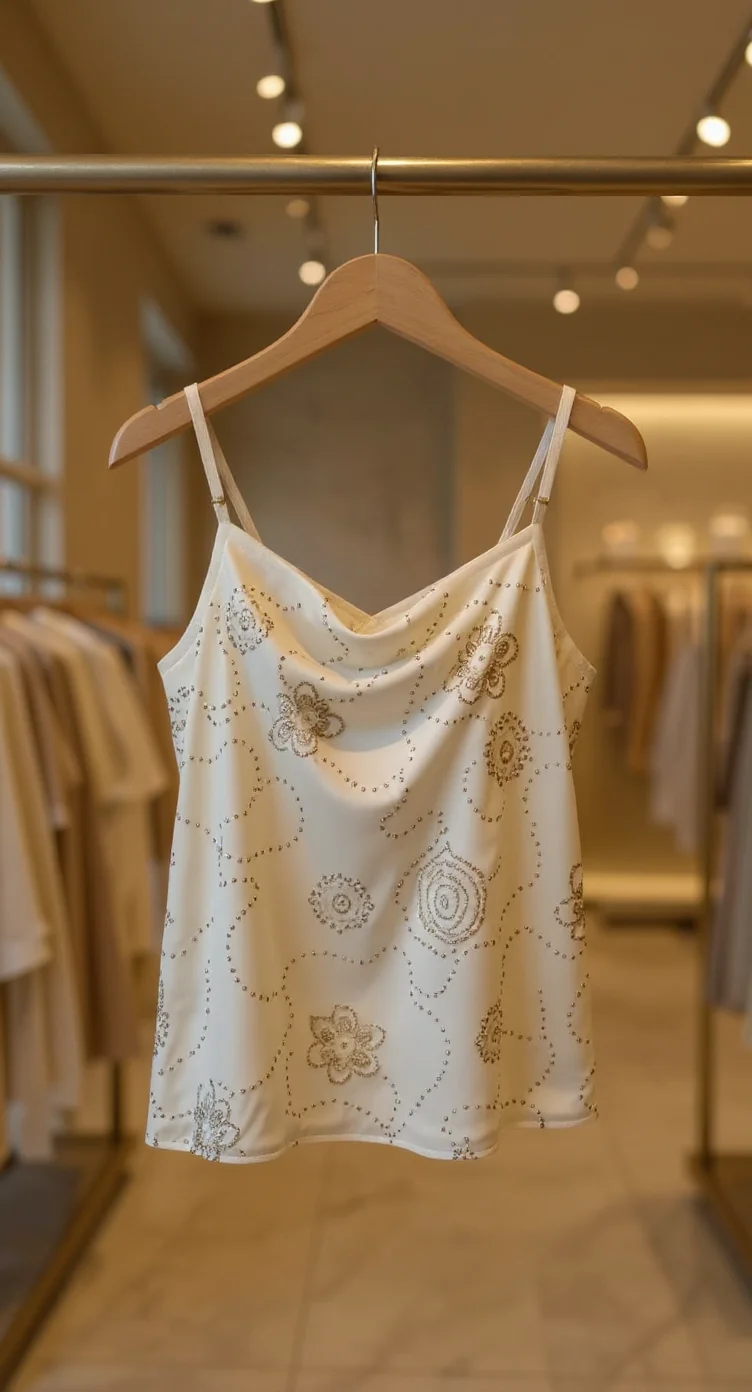 A close-up photograph of a white spaghetti strap camisole top hanging on a wooden hanger in a retail clothing store. The top features an intricate beige embroidered pattern with floral and circular designs scattered across the fabric. The embroidery consists of small dotted stitches creating a delicate, vintage-inspired pattern. The top has a cowl neckline and a loose, flowing silhouette. The background is softly blurred, showing a retail store setting with track lighting on the ceiling casting warm illumination. Other clothing items are visible but out of focus in the background. The wooden hanger has a natural finish and curved shoulders to maintain the garment's shape. The image has a warm, neutral color palette dominated by beige and cream tones.