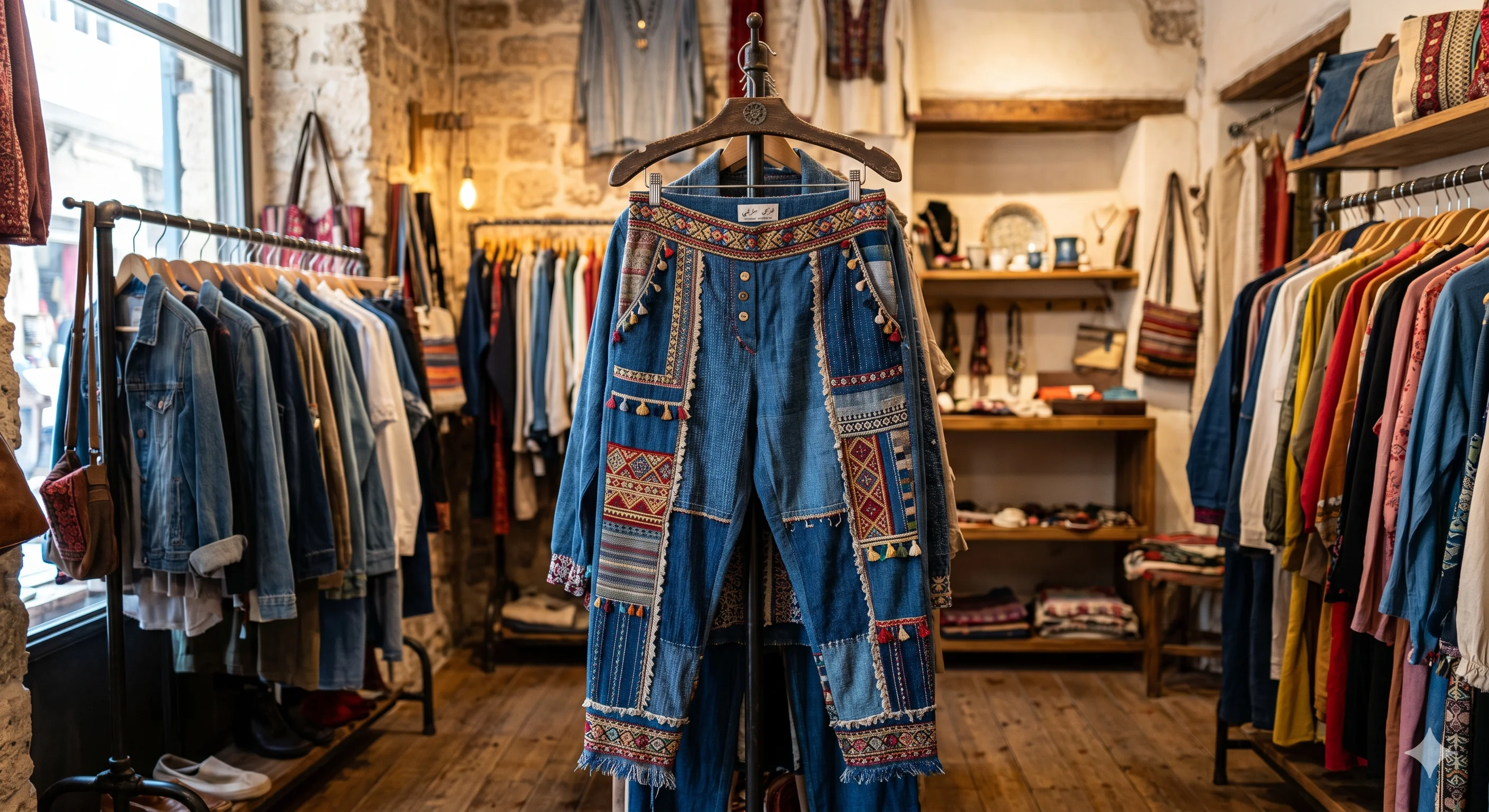 A vintage-style clothing boutique interior with exposed brick walls and wooden flooring. In the center, a pair of unique embroidered jeans hangs from a wooden hanger, featuring intricate patchwork patterns with red, blue, and white ethnic-style embroidery and tassel details along the seams. The jeans are displayed against a backdrop of clothing racks on both sides. The left rack contains denim jackets and casual wear, while the right rack displays various colored garments. Wooden shelving units are visible in the background, containing accessories and merchandise. The lighting is warm and natural, coming from a window on the left side of the frame. The overall color palette consists of earth tones, blues, and rustic browns. The clothing racks are industrial-style metal racks with multiple tiers. The scene has a bohemian, vintage aesthetic with a mix of casual and ethnic-inspired fashion items.
