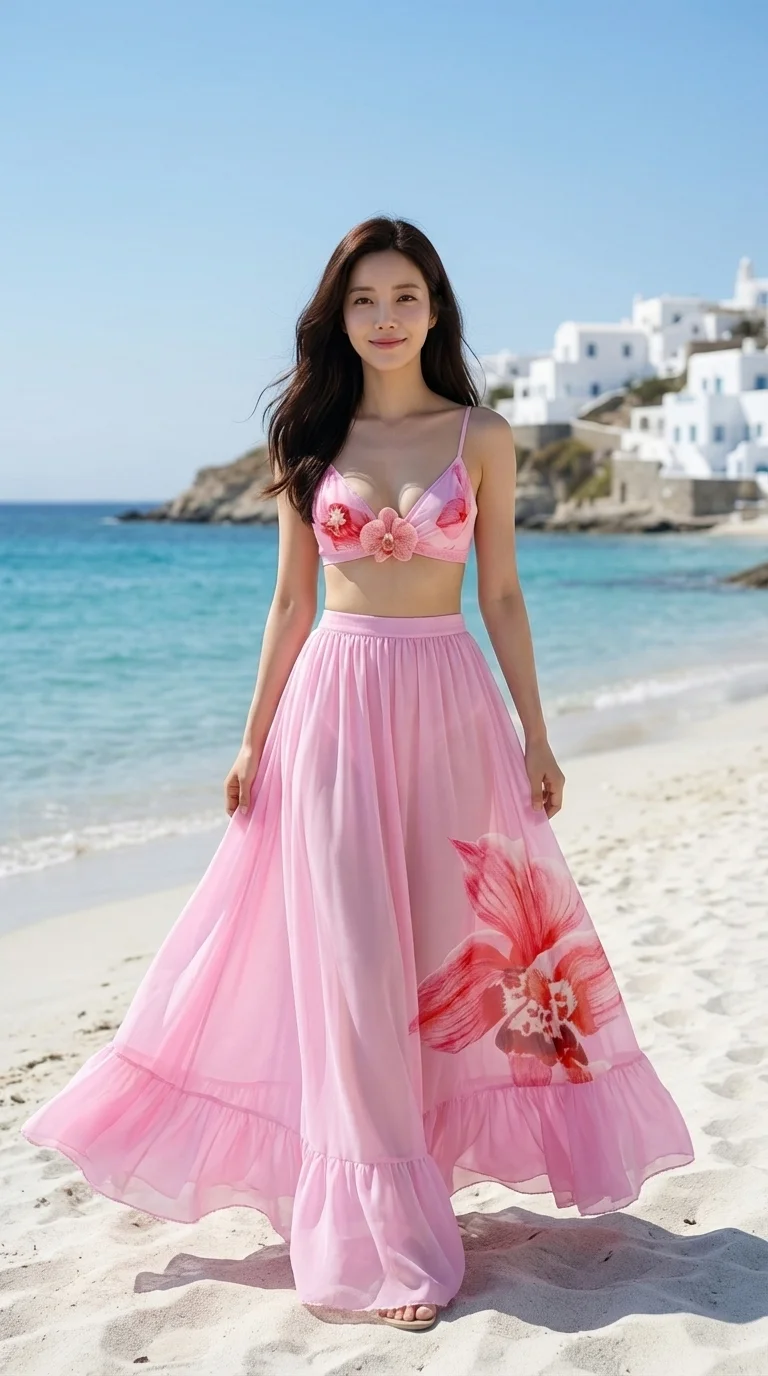 Fashion model with long flowing hair in a pink floral two-piece dress walking on a sunny beach in Santorini, Greece.