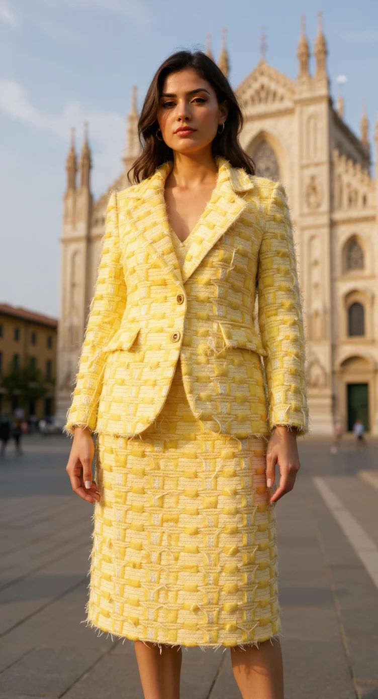 Fashion model in front of Duomo di Milano, wearing yellow textured tweed blazer and matching skirt, runway photo.