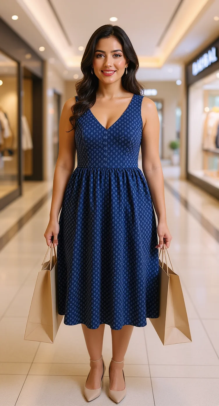 Curvy fashion model in a navy floral sleeveless dress, laughing, holding shopping bags in a luxury Dubai mall, full body photo.