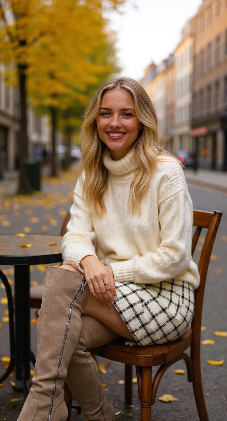A professional fashion model seated outdoors in London during autumn, dressed in detailed clothing and footwear, with a cozy street café background.