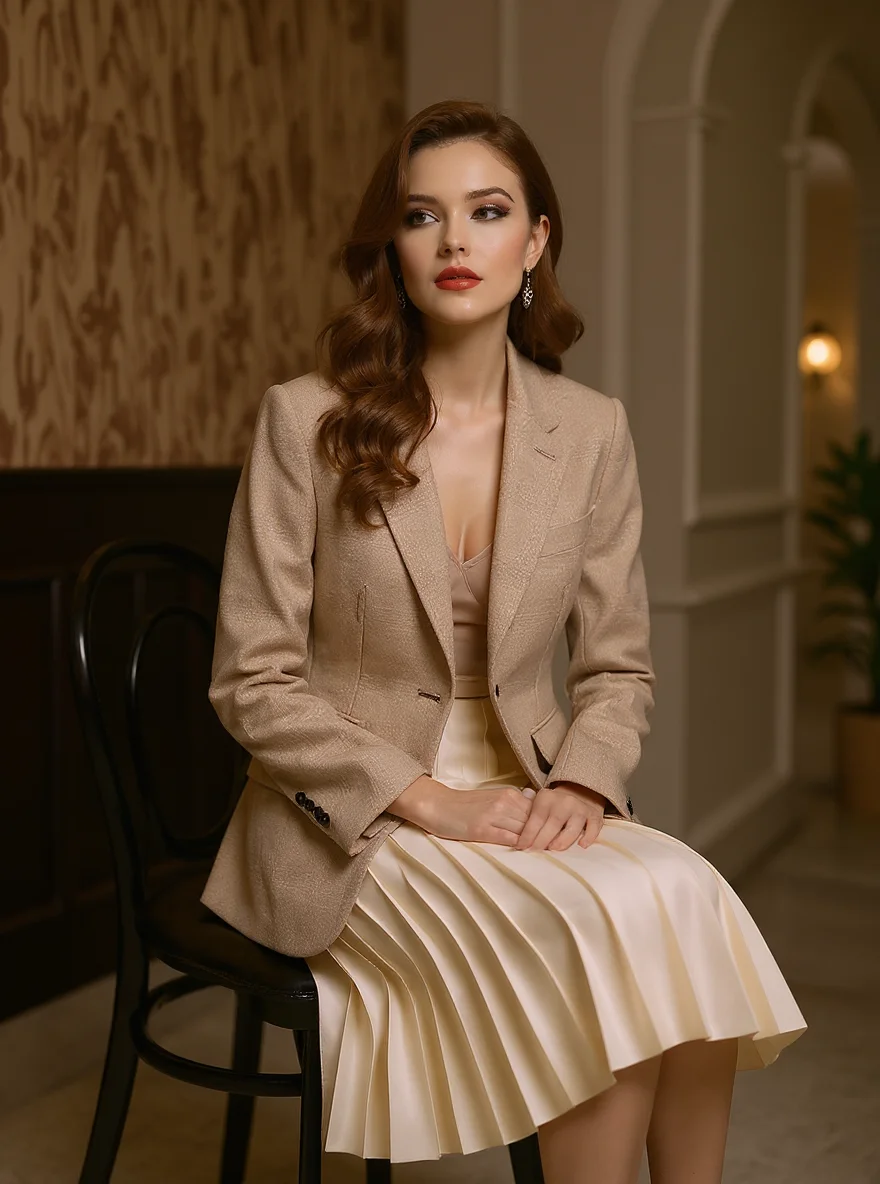 Fashion model seated at a stylish restaurant, wearing a beige blazer and cream pleated skirt, with warm lighting and sophisticated background.