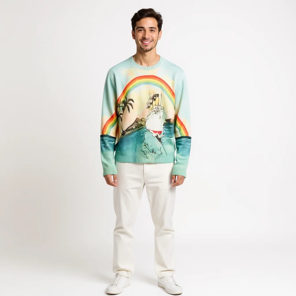 Full-body studio photo of a fashion model in a tropical rainbow sweater and white pants with crisp, realistic detail.