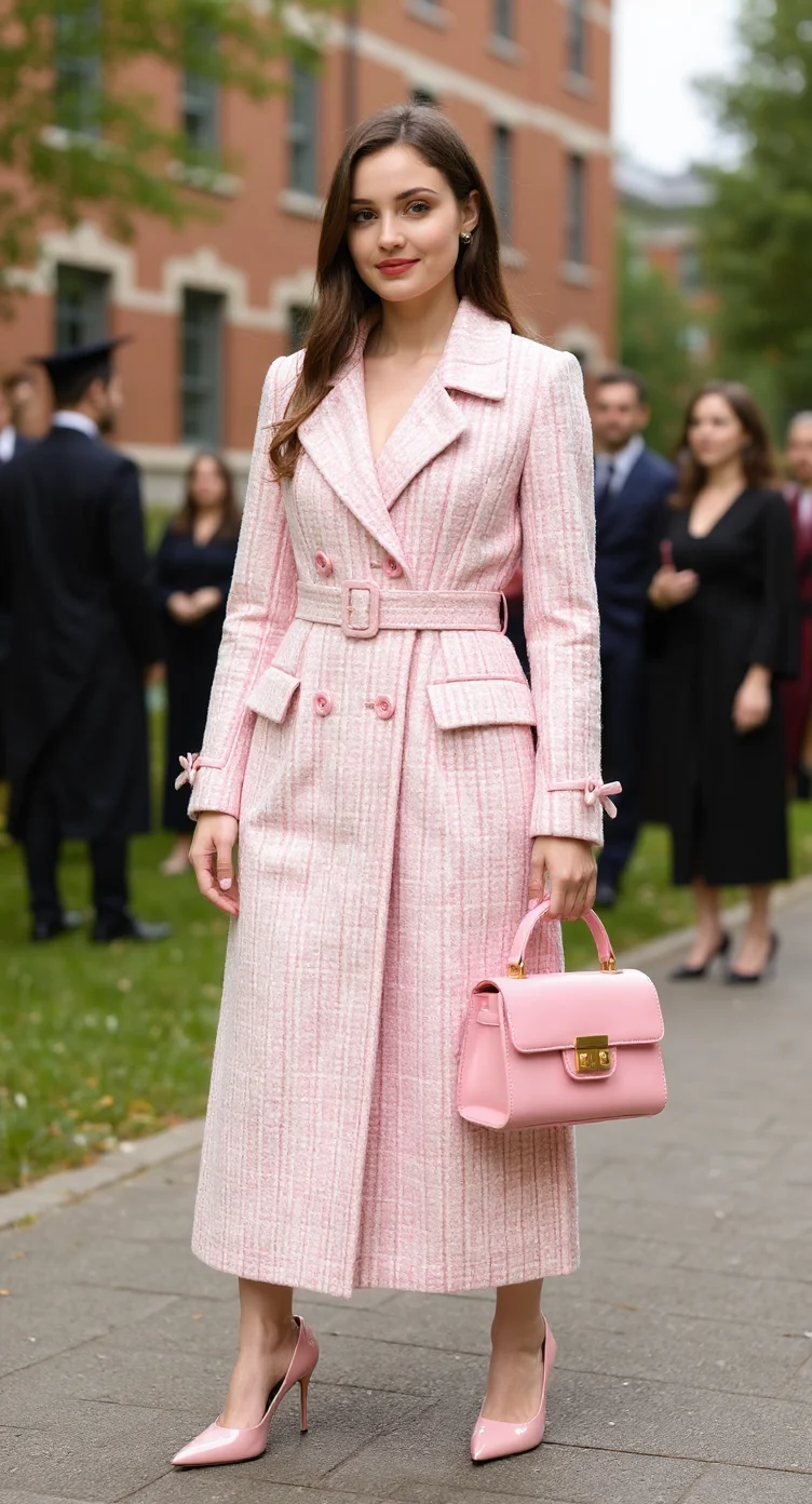 Fashion model outdoors at Harvard in a pink tweed coat, pink heels, and handbag, with graduates in gowns in the background, full body view.