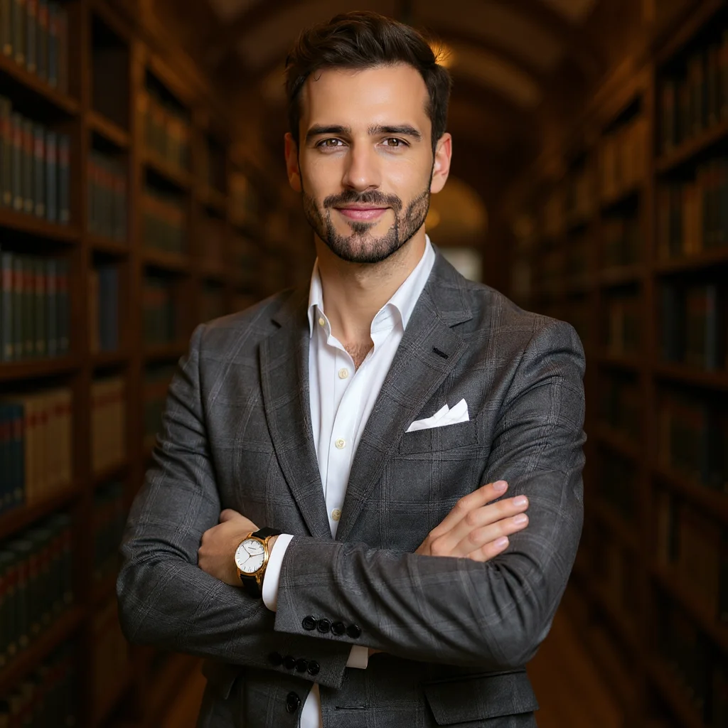 Male fashion model with gold minimalist wristwatch and gray plaid suit standing arms crossed in a library setting.