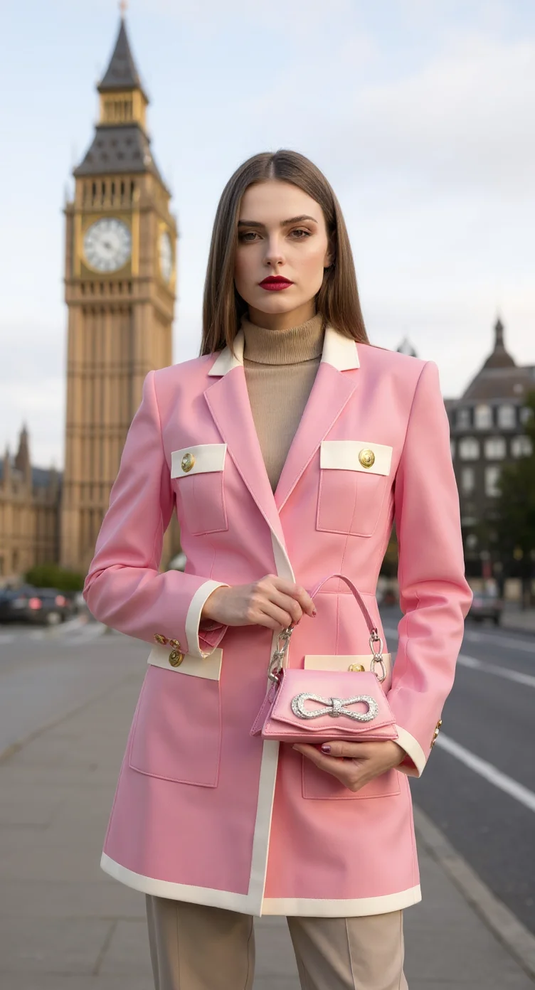 Fashion model wearing a pink blazer and carrying a pink handbag, standing by Big Ben in London.