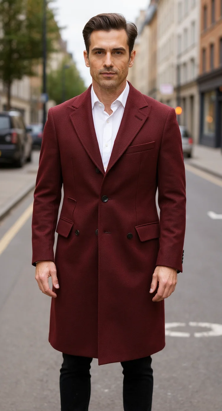 Male fashion model in London wearing a burgundy wool overcoat, front view, full body.