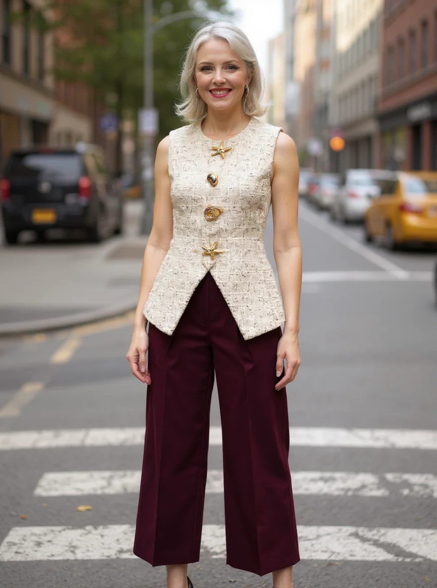 Female fashion model stands on a New York street wearing a cream tweed waistcoat with gold star buttons and burgundy wide-leg cropped pants.