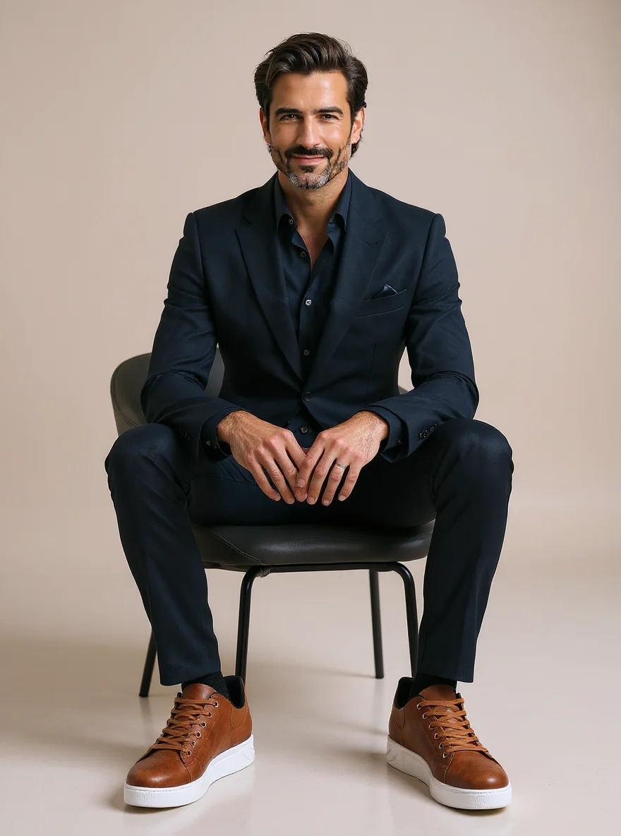 Fashion model sitting on a chair wearing brown leather sneakers in an elegant studio, shoes fully visible.