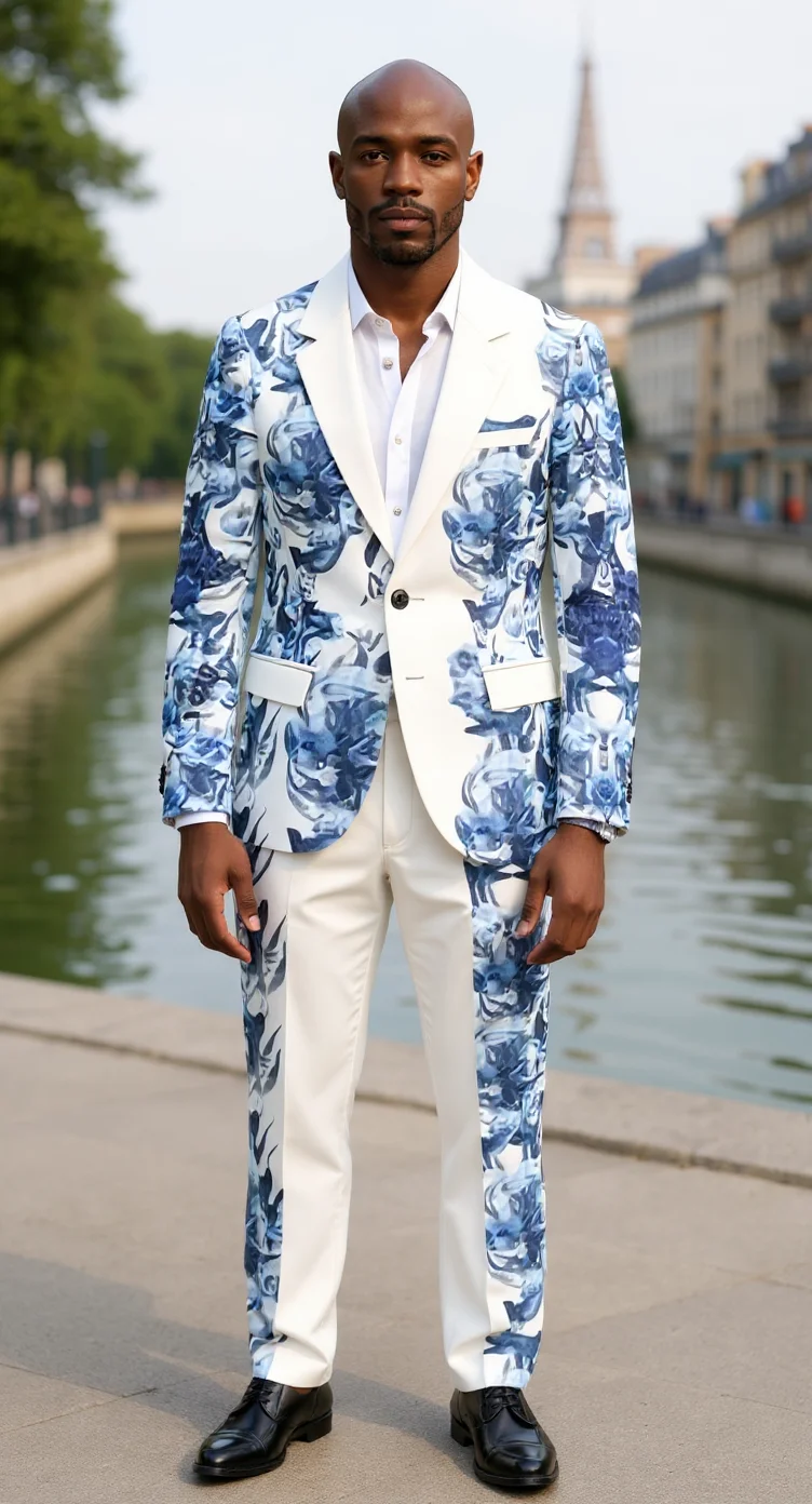 Fashion model by the Seine River in Paris, showing blue and white floral blazer, white floral dress pants, and runway styling.