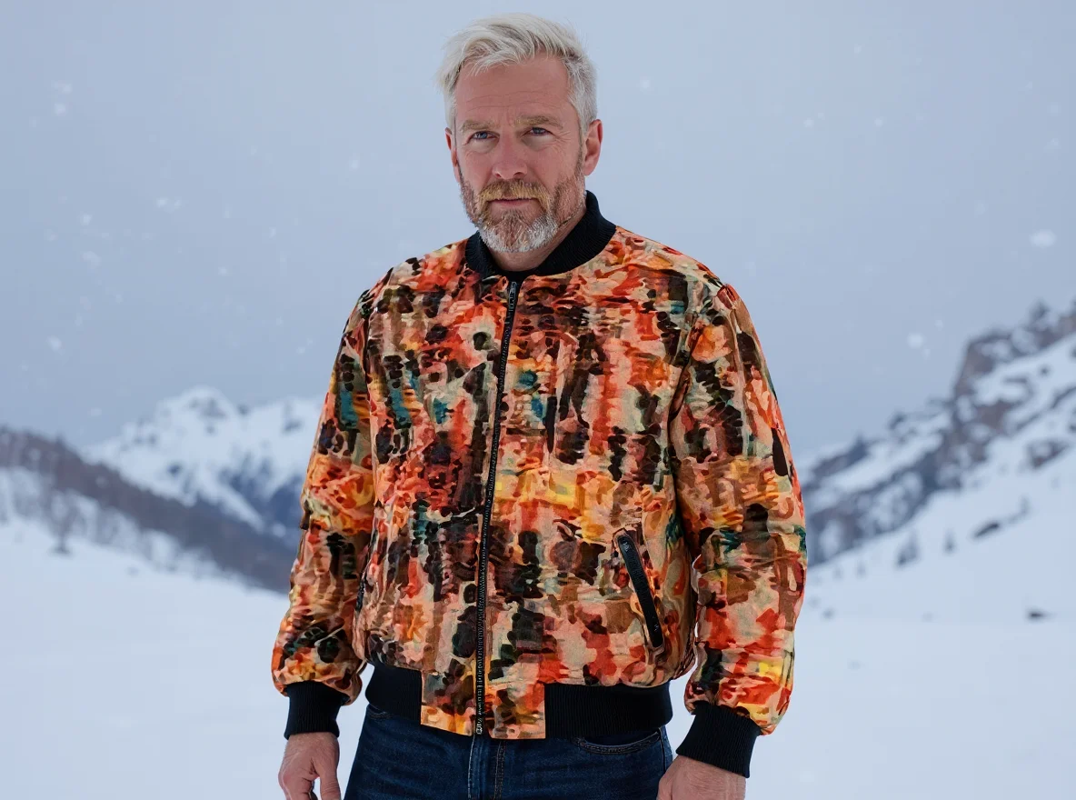 Middle-aged male model in the snow wearing a vibrant abstract bomber jacket, showcasing all detail.