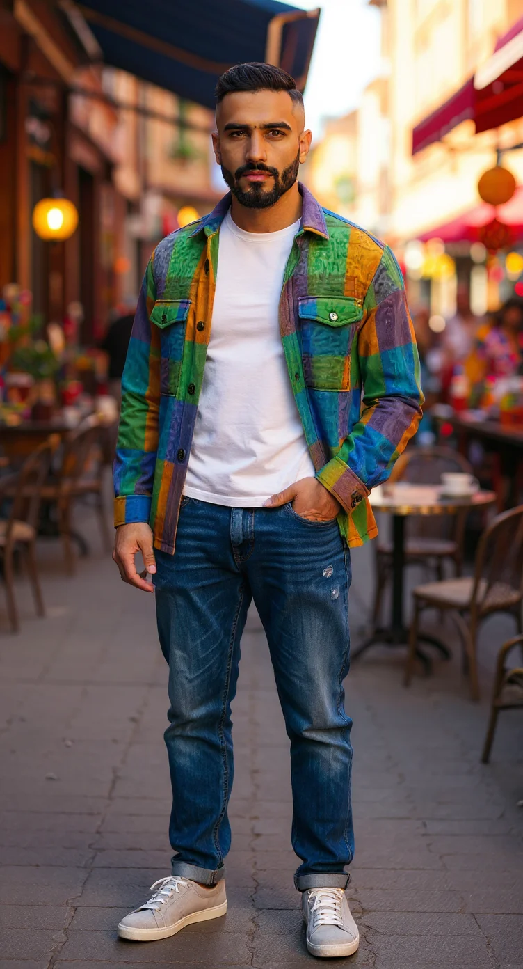 South Asian male model in colorful plaid shirt, blue denim jeans, and gray suede sneakers, standing confidently at an outdoor café in street setting.