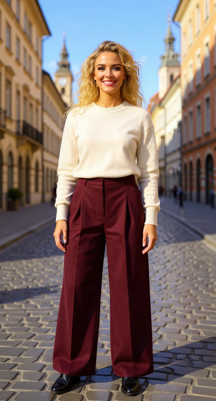 Fashionable woman with burgundy wide-leg pants and cream sweater on European city street scene.