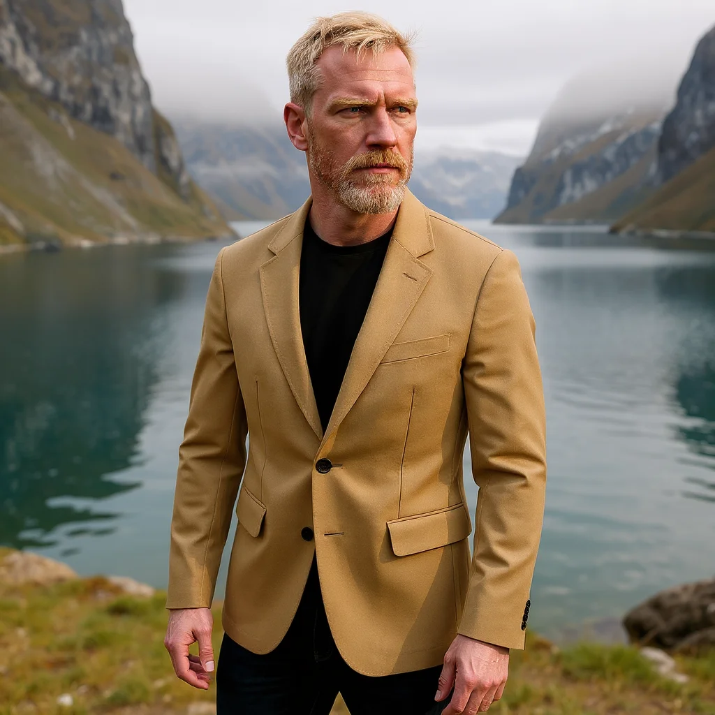 Male model in a tan blazer standing by an Italian lake, upper body view.