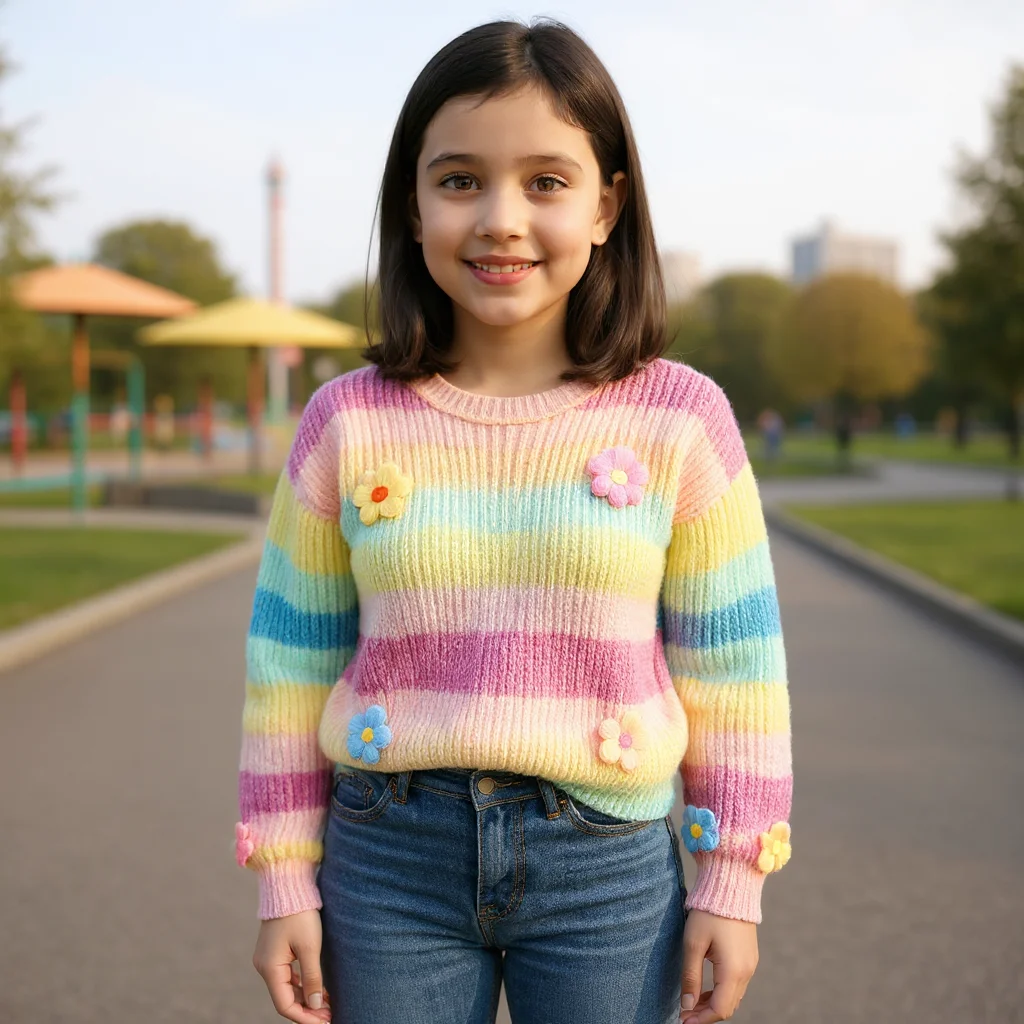 Young girl model wearing pastel rainbow knit sweater with floral appliques, standing in an amusement park.