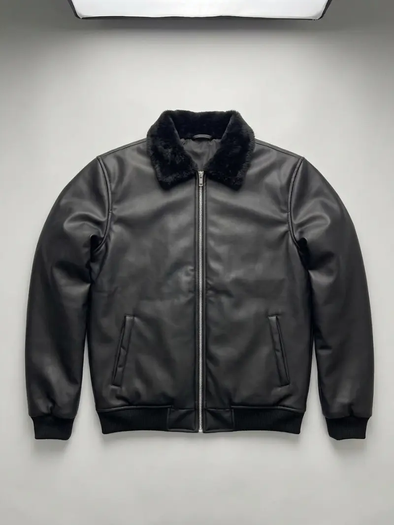 Men's Black Quilted Faux Leather Bomber Jacket
