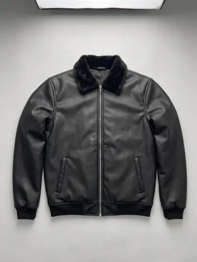 Men's Black Quilted Faux Leather Bomber Jacket thumb 0